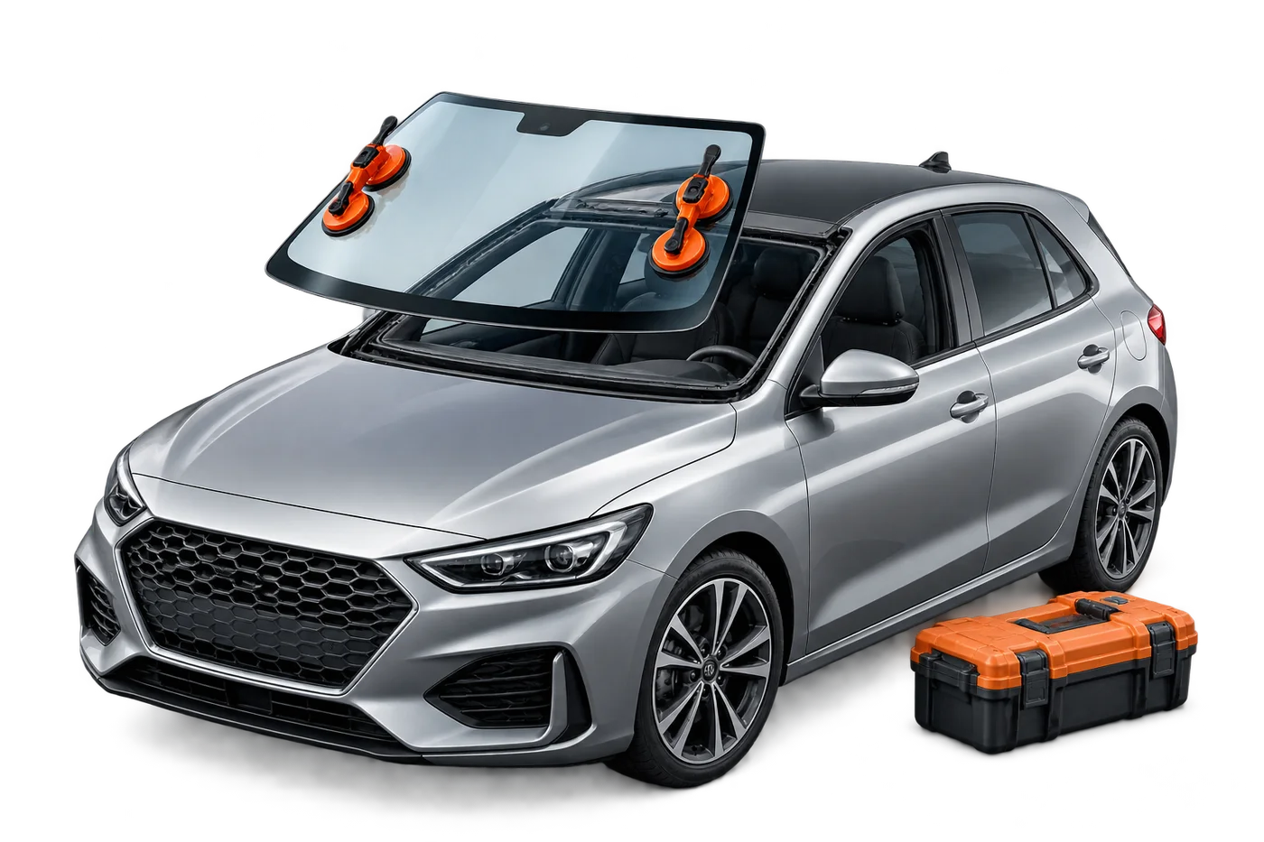 Illustration of a car with replacement glass and professional lifting tools
